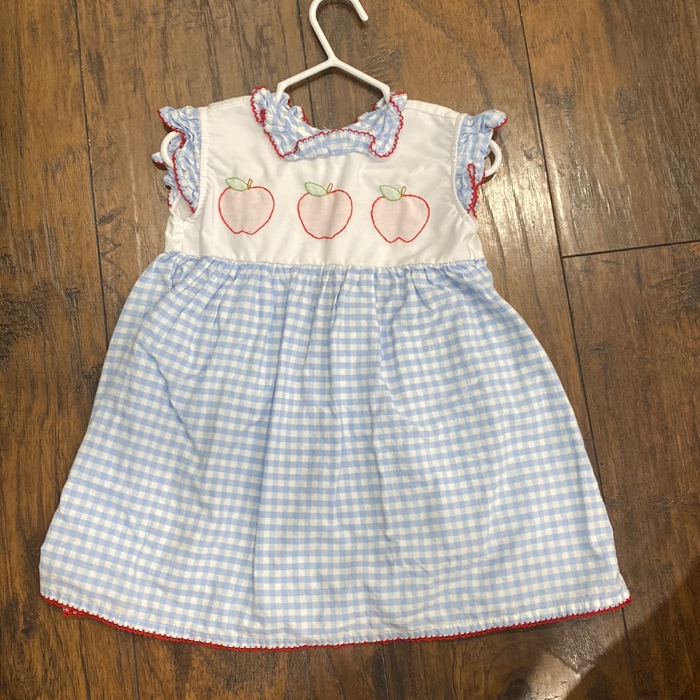 Back to school dress, blue check with embossed apples